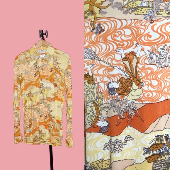 Vintage Other - 1970s CALIFORNIA SHIRT WORKS. Japanese Geisha Disco Printed Button. M. As Is